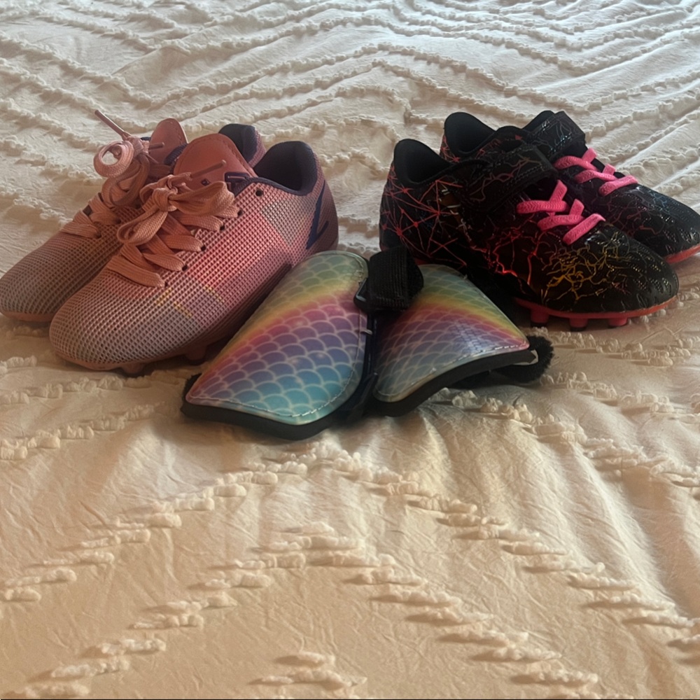 2- pair Kids Soccer Cleats Bundle with Rainbow Shinguards
